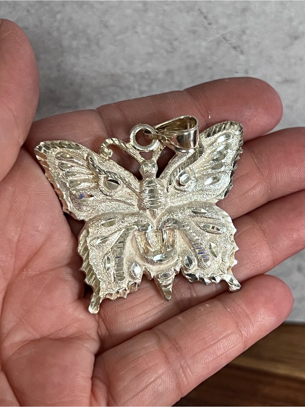 Diamond-cut sterling silver 925 butterfly pendant